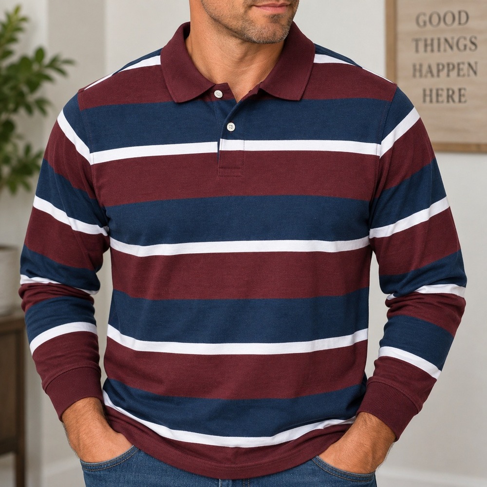 St Johns Bay Mens XL Legacy Sueded Jersey Polo Burgundy Navy Striped Rugby Shirt